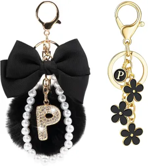 YOU WIZV Initial Letter Keychain for Women Girls Cute Bow Flower Puff Ball Pom Purse Bag Chains for Handbags Backpack