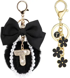 YOU WIZV Initial Letter Keychain for Women Girls Cute Bow Flower Puff Ball Pom Purse Bag Chains for Handbags Backpack