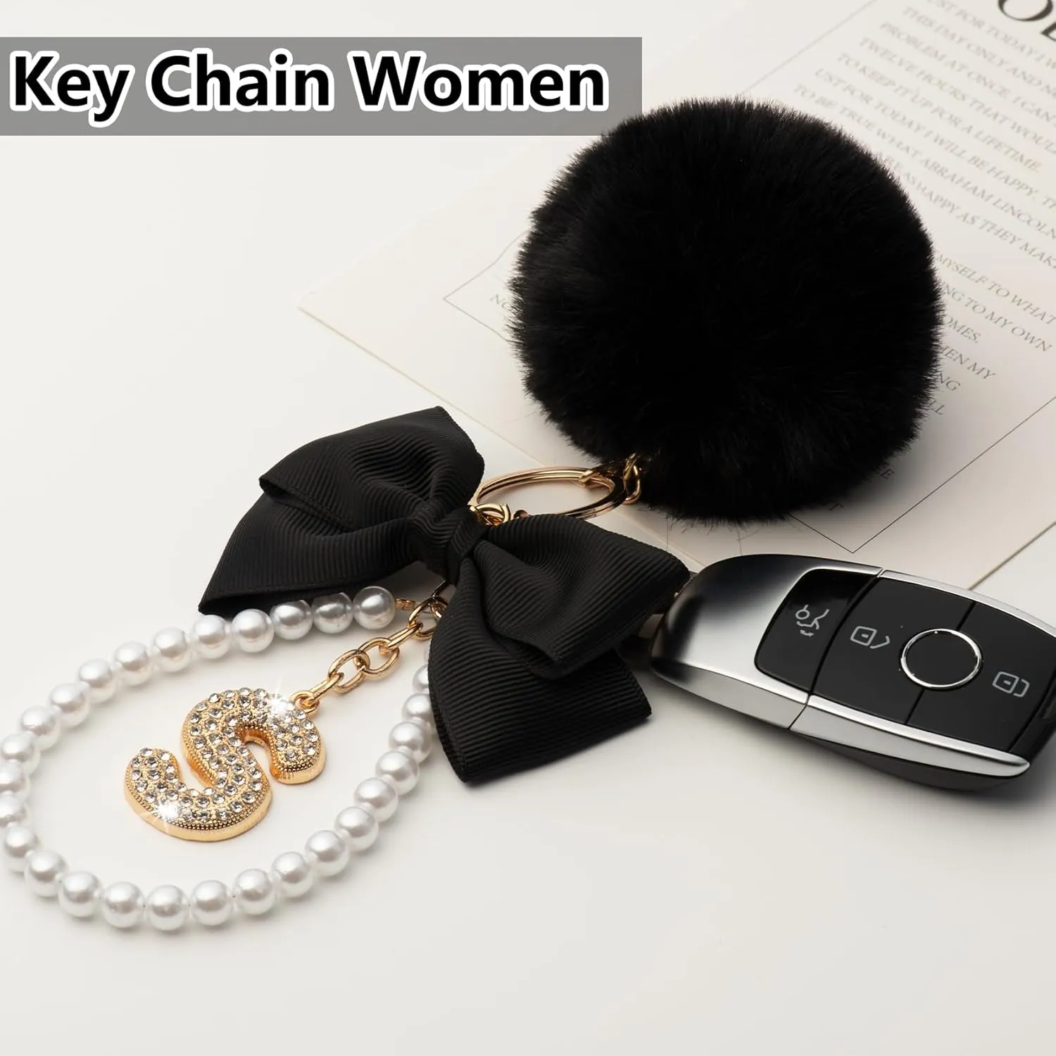 YOU WIZV Initial Letter Keychain for Women Girls Cute Bow Flower Puff Ball Pom Purse Bag Chains for Handbags Backpack
