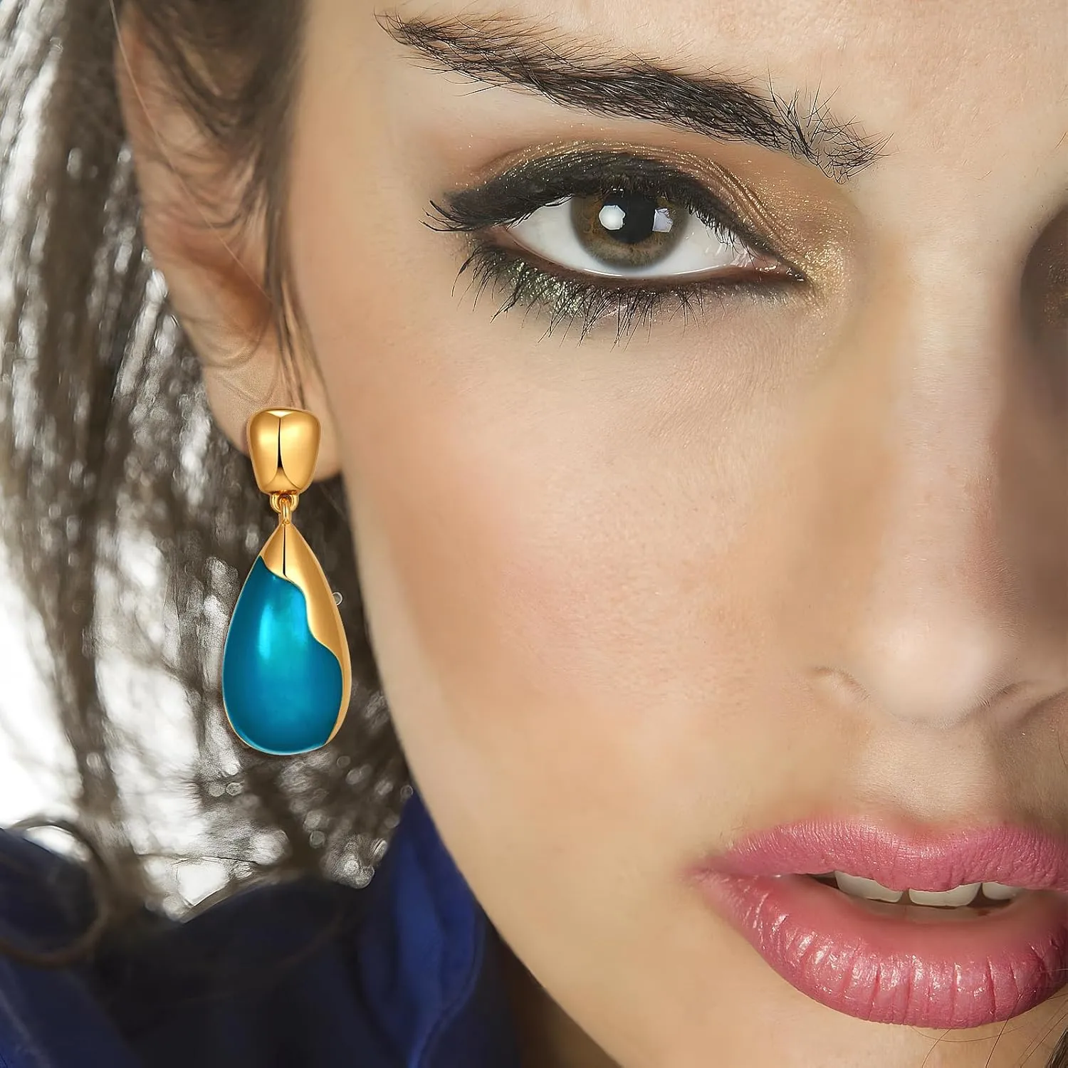 YUJIE Gold Drop Earrings for Women Dangle Studs Earrings Blue Pattern Fashion Statement Jewelry Gifts for Her