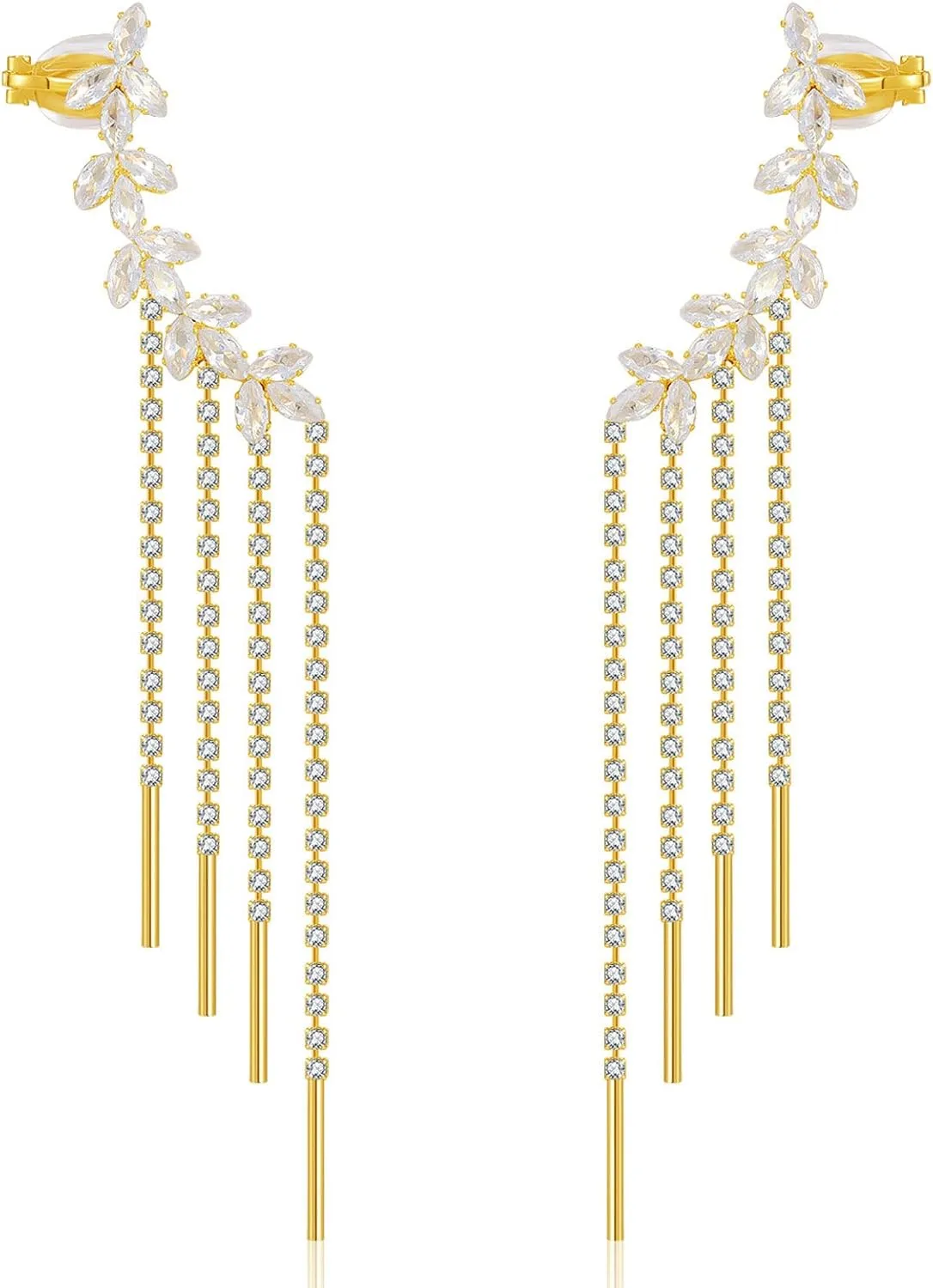 Yumikoo Tassel Ear Cuff Earrings for Women - Rhinestone Copper Ear Clip