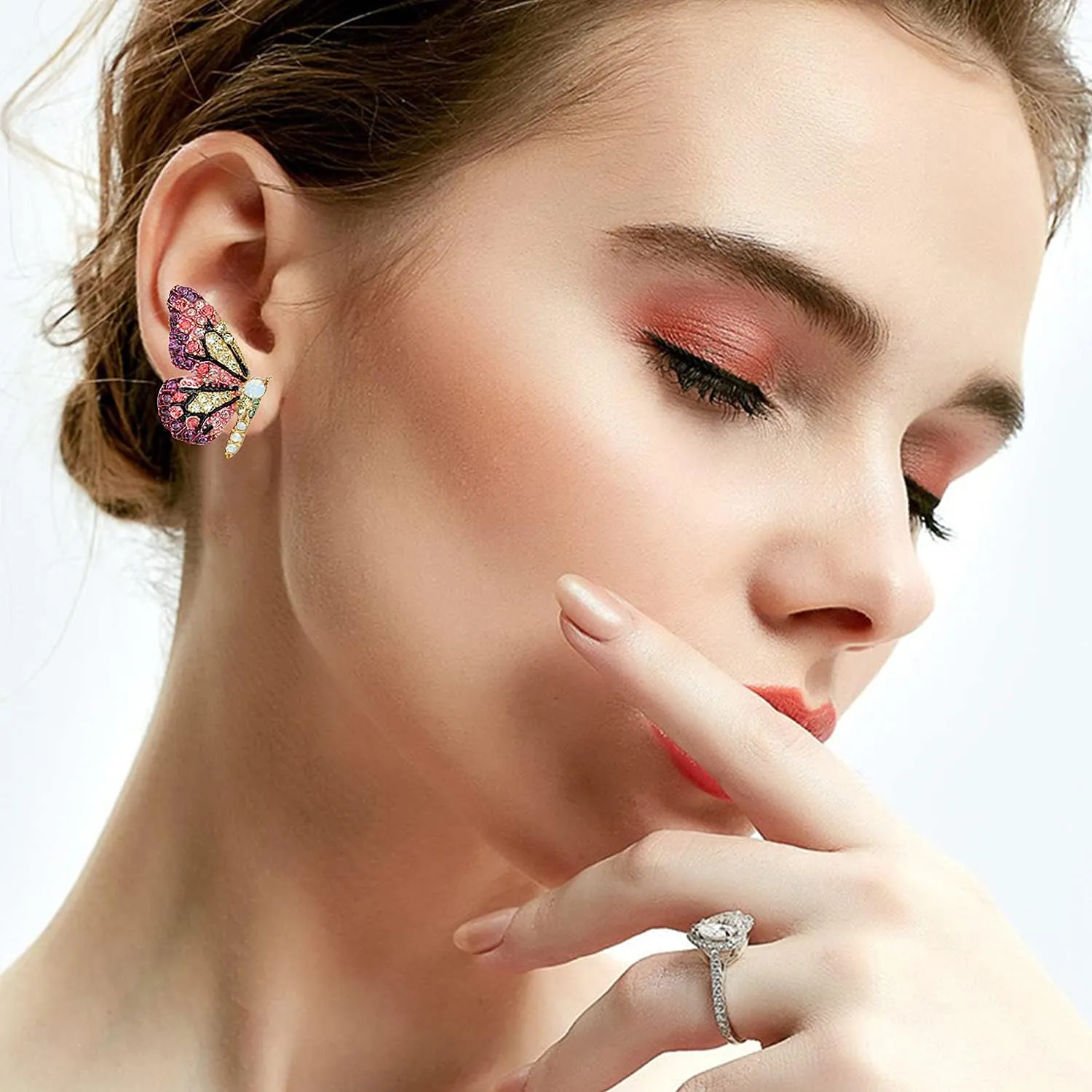 YUNXI Fairy Butterfly Stud Earrings 3D Rhinestone Color Fairy Butterfly Diamond Crystal Animal Earrings