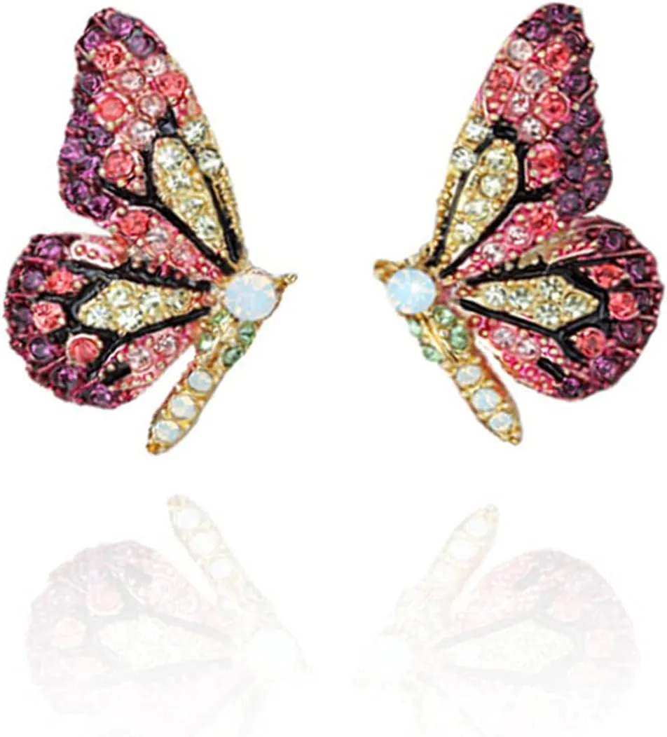 YUNXI Fairy Butterfly Stud Earrings 3D Rhinestone Color Fairy Butterfly Diamond Crystal Animal Earrings