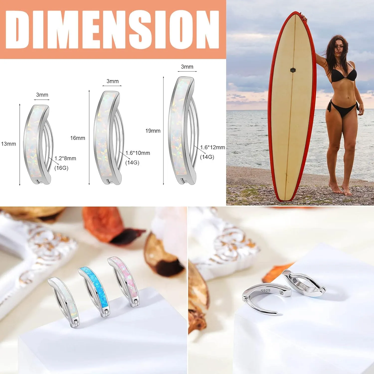 ZS 14G Clicker Belly Button Rings for Women, 925 Sterling Silver Opal Belly Barbell Piercing Reverse Curved Navel Barbell Body Jewelry