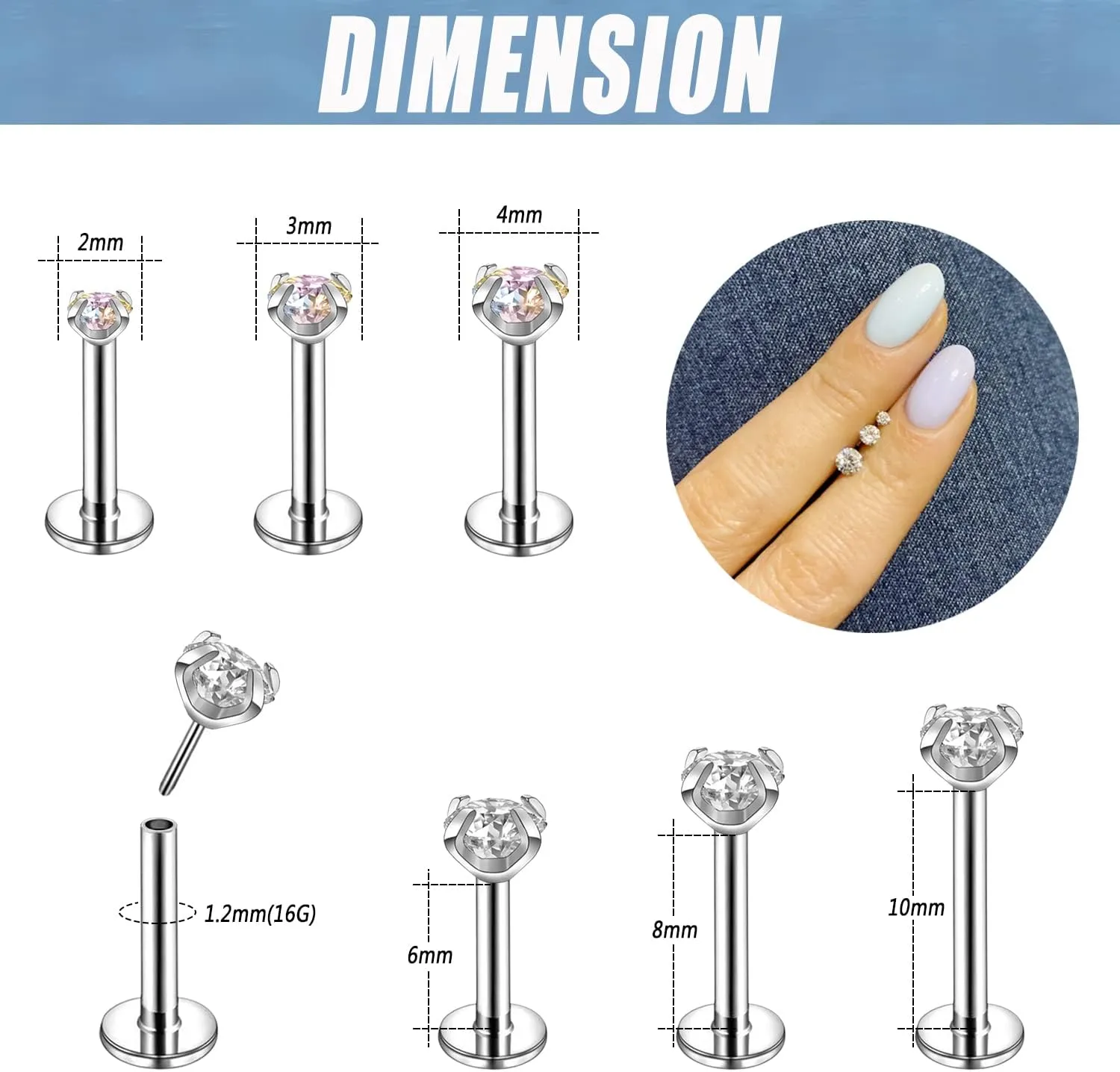 ZS 16G Stainless Steel Pushin Lip Rings, Colorful CZ Forward Helix Earring, Length 6/8/10mm Labret Monroe Medusa Piercing Jewelry for Women Men