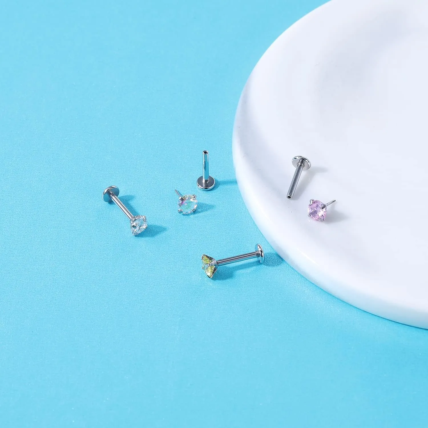 ZS 16G Stainless Steel Pushin Lip Rings, Colorful CZ Forward Helix Earring, Length 6/8/10mm Labret Monroe Medusa Piercing Jewelry for Women Men