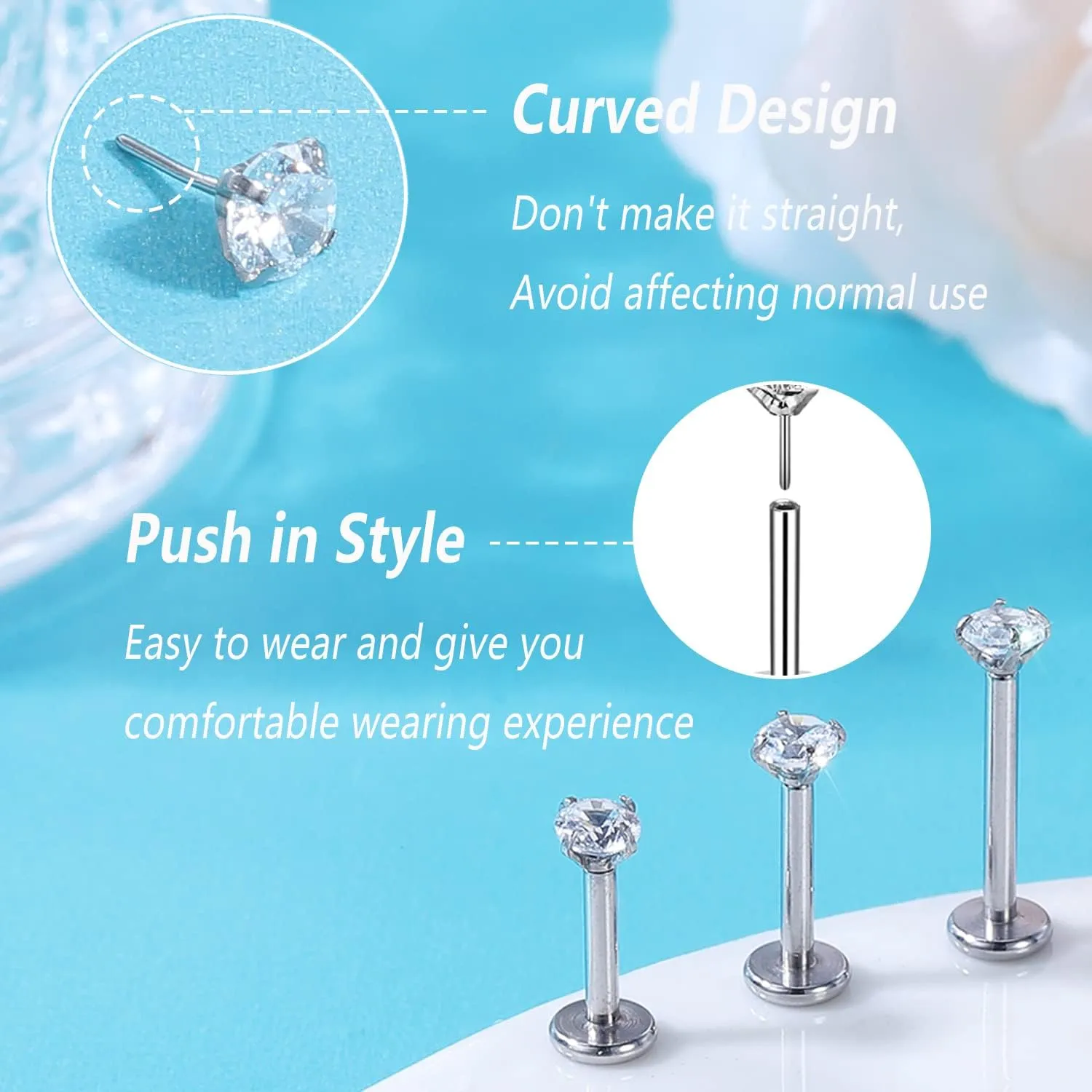 ZS 16G Stainless Steel Pushin Lip Rings, Colorful CZ Forward Helix Earring, Length 6/8/10mm Labret Monroe Medusa Piercing Jewelry for Women Men
