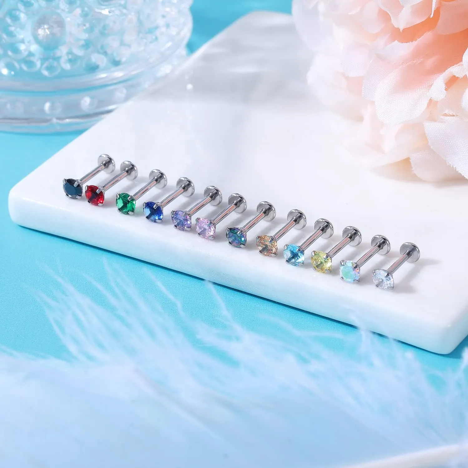 ZS 16G Stainless Steel Pushin Lip Rings, Colorful CZ Forward Helix Earring, Length 6/8/10mm Labret Monroe Medusa Piercing Jewelry for Women Men