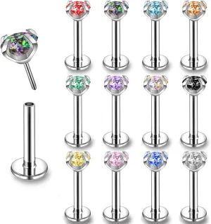 ZS 16G Stainless Steel Pushin Lip Rings, Colorful CZ Forward Helix Earring, Length 6/8/10mm Labret Monroe Medusa Piercing Jewelry for Women Men