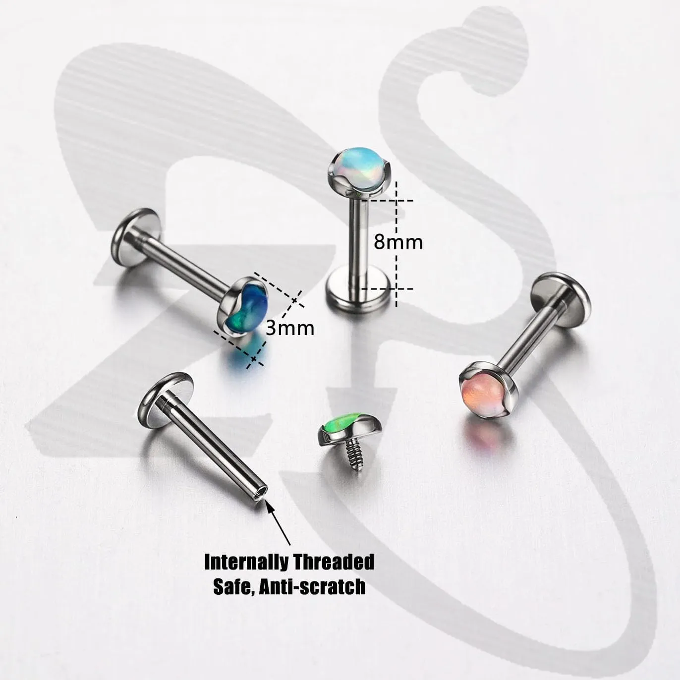 ZS ASTM F136 Titanium 16G 8mm Medusa Piercing Jewelry for Conch, Tragus, Helix, Labret, Cartilage - Flat Back Earrings Hypoallergenic Internally Threaded Opal Ashley Piercing Lip Jewelry